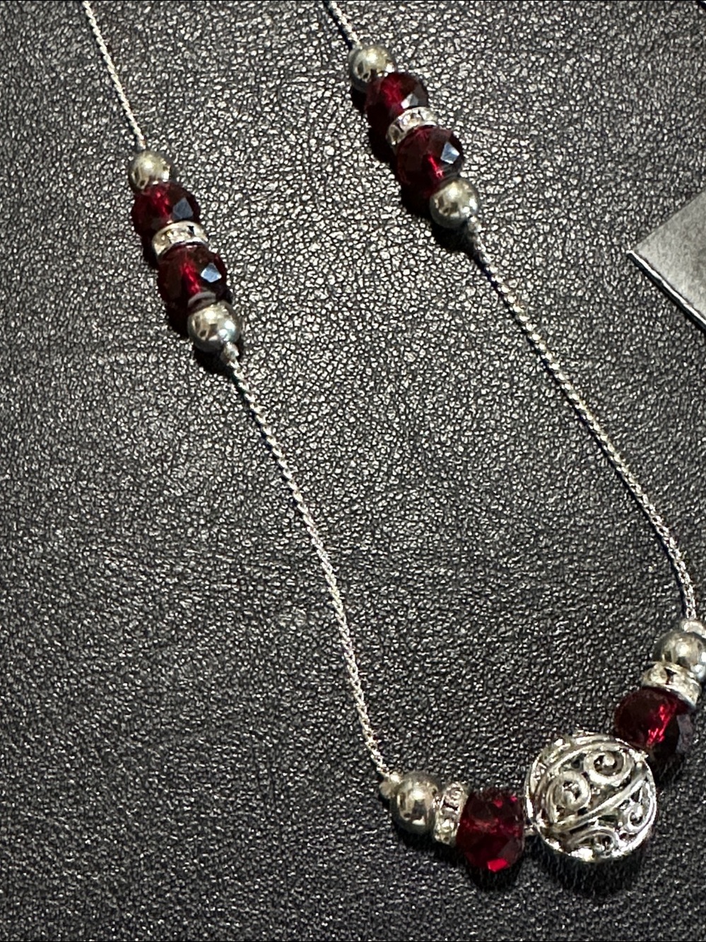 Scroll and Dots Faceted Red Crystal Silver Tone Long Necklace - Picture 10 of 13